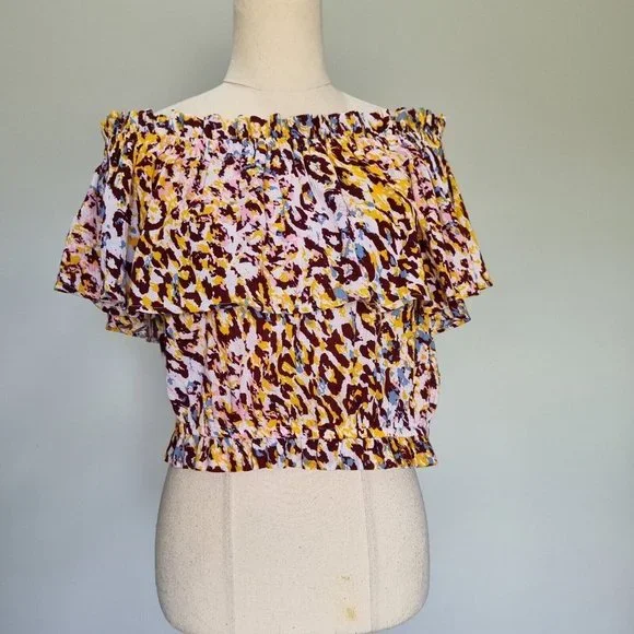 Tigerlily Talor Multicolour Leopard Print Off The Shoulder Peasant Top Size L XL - Picture 2 of 9